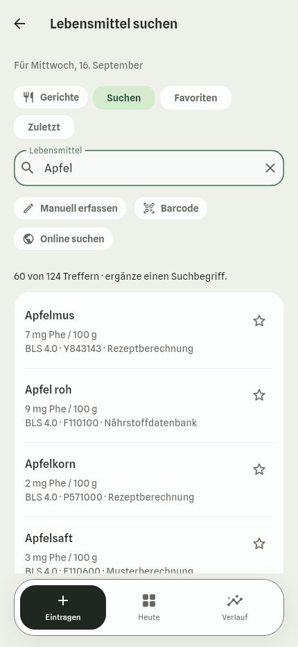 PKU Flow: Lebensmittelsuche nach Apfel mit Quellenangaben und Favoriten. Entwicklungsansicht.